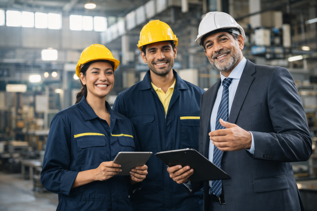 aboutus1 HYDNT Enterprises leadership and engineering team discussing manufacturing quality inside factory